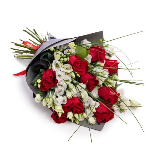 Foto Buchet trandafiri rosii si lisianthus alb-Premium
